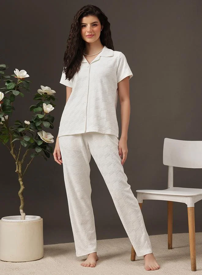 Clovia Textured Button Down Shirt and Pyjama Set